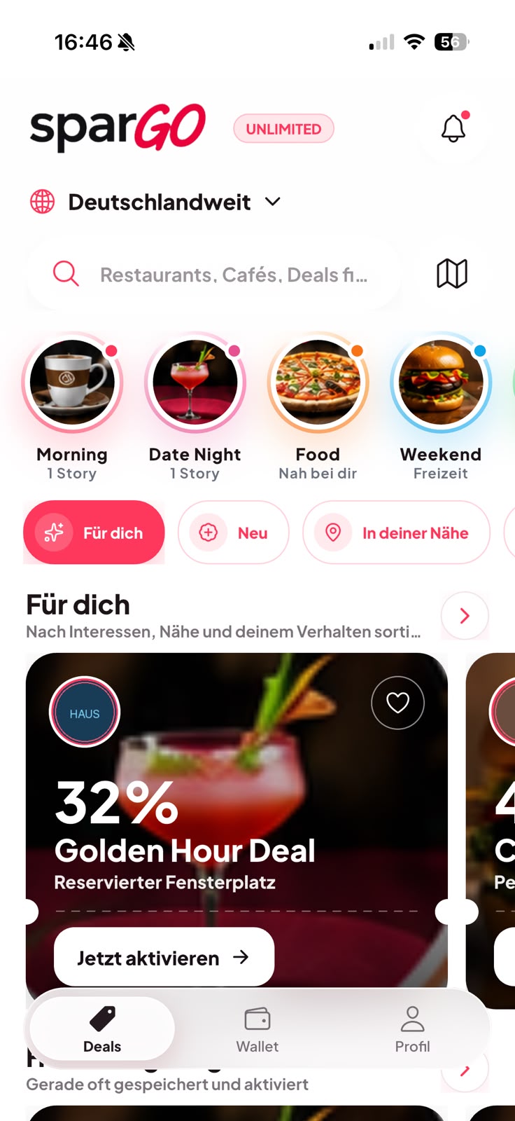 sparGO Startseite mit Stories, Kategorien und Gutschein-Karten